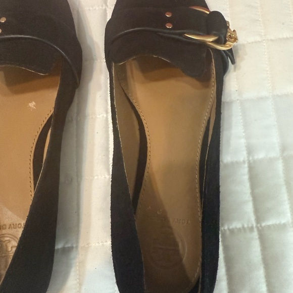 Tory Burch Black Suede Loafers with Gold Buckle - Picture 10 of 11